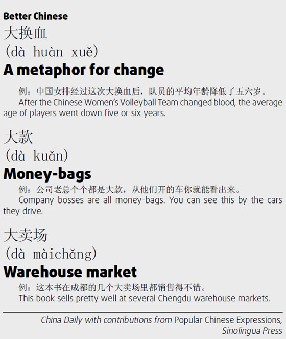 大換血 a metaphor for change; 大款 money-bags; 大賣場 warehouse market