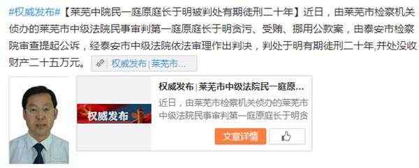 萊蕪中院民一庭原庭長(zhǎng)于明被判處有期徒刑二十年