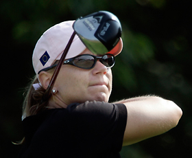 European Solheim Cup member Annika Sorenstam of Sweden watches her drive from the seventh tee in the final round of match play at Crooked Stick Golf Club in Carmel, Indiana, September 11, 2005.