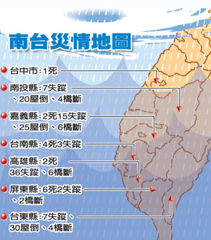 莫拉克臺(tái)風(fēng)重創(chuàng)臺(tái)灣南部 大雨致15人死亡65人失蹤